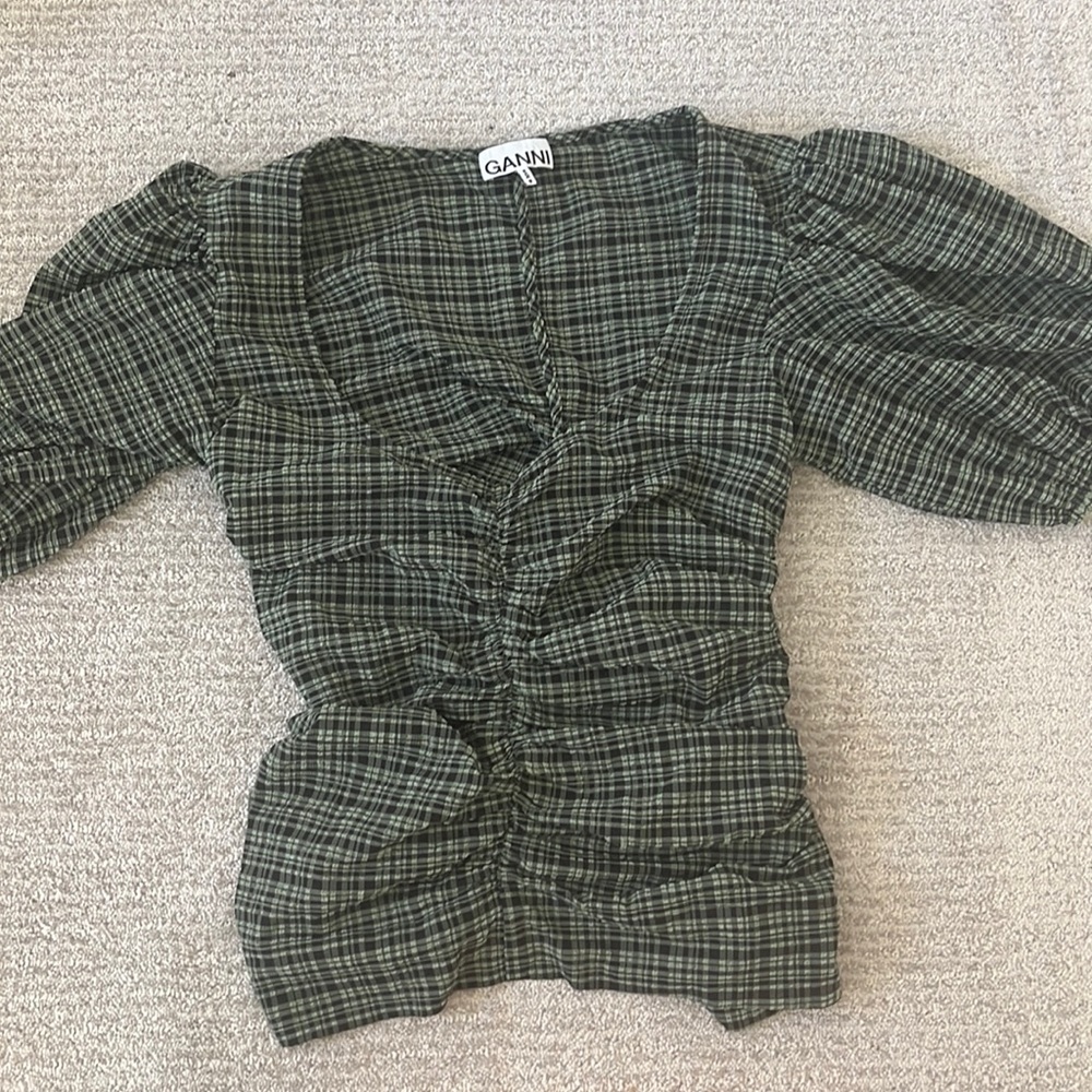 Ganni F6893 Mini Check Green Bay Puff Sleeve Front Ruched Crop Top NWT 38